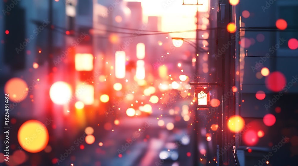 Obraz premium A vibrant urban scene with bokeh lights and a sunset backdrop.