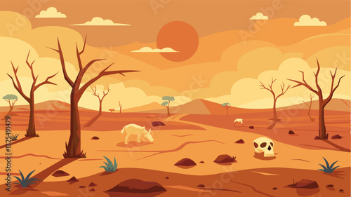 The sun beats down on the cracked and barren field where the skeletons of dead livestock are all thats left. The stench of decay hangs in the dry hot air highlighting the toll the. Vector illustration
