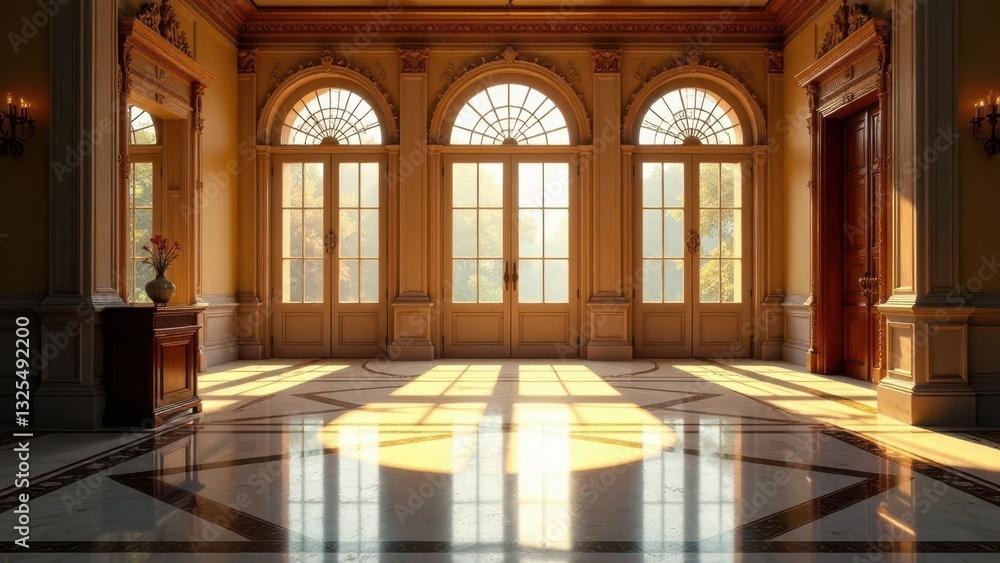 Sunlit Grandeur A Luxurious Interior with Gleaming Floors and Elegant French Doors Illuminating a Spacious Hallway Sunlit Grandeur A Luxurious Interior with Gleaming Floors and Elegant French Doors Illuminating a Spacious Hallway
