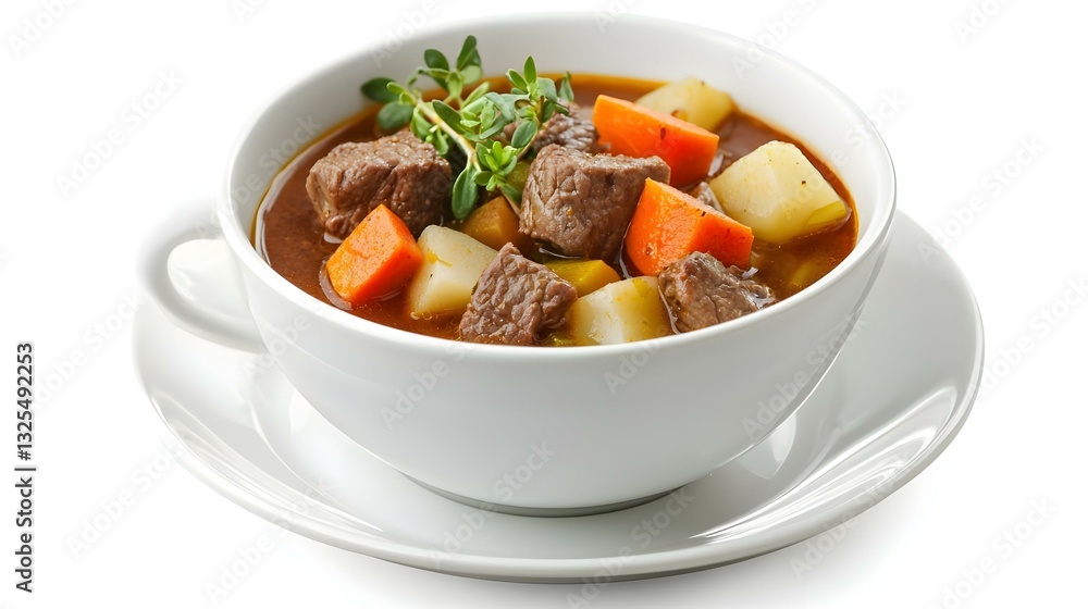 Homemade beef vegetable soup in a white bowl