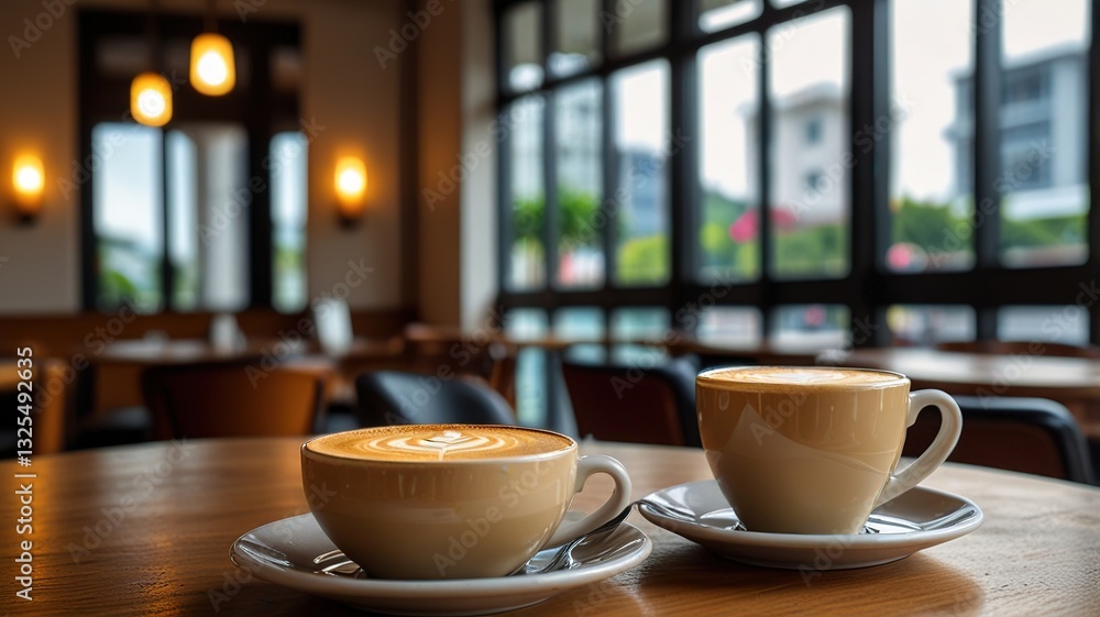 Hot latte coffee put on table in cafe restaurant drink breakfast in the morning day Hot latte coffee put on table in cafe restaurant drink breakfast in the morning day