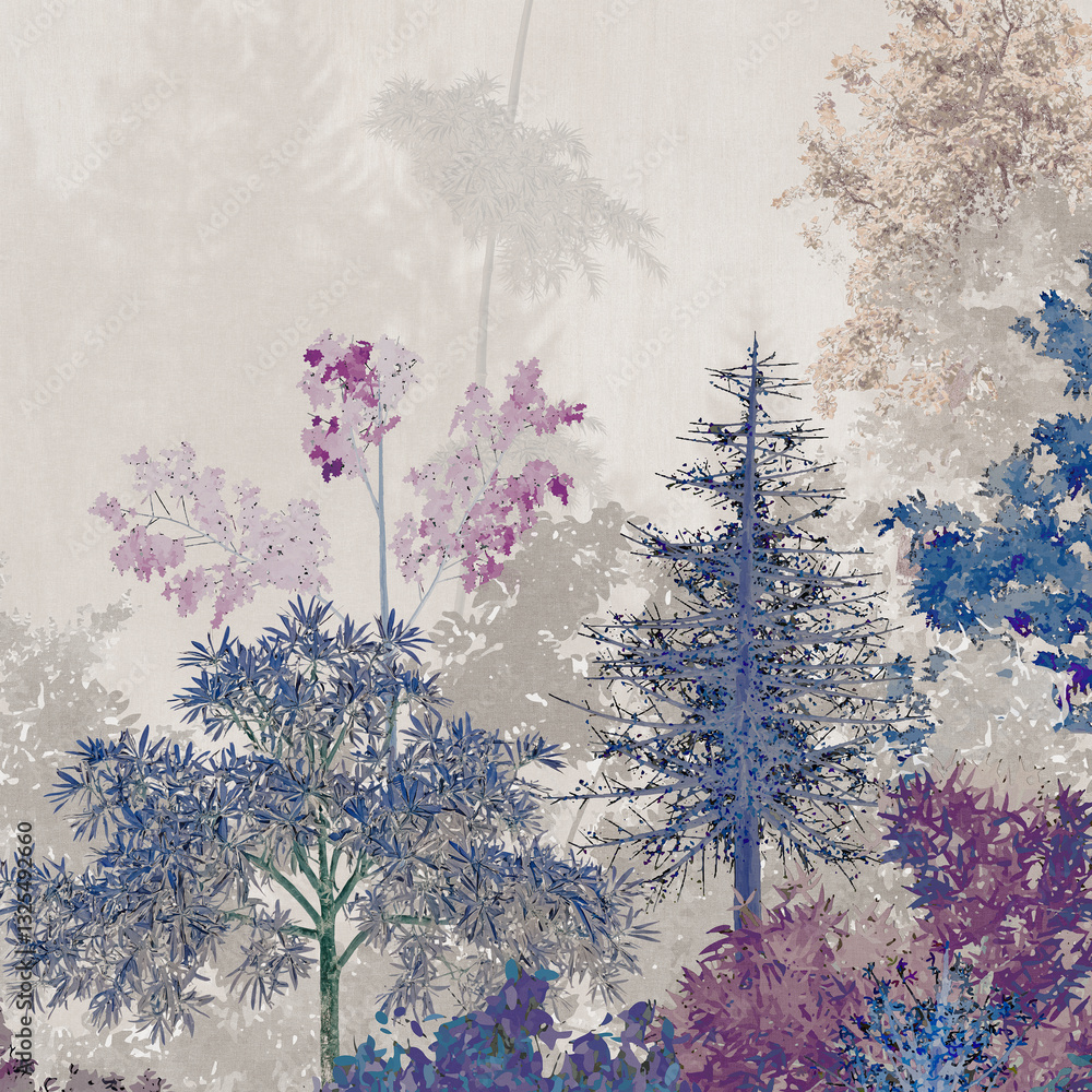 Obraz premium Wallpaper textile pattern with natural leaves and trees background mountain and sky sunset.