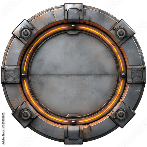 Circular Metal Panel with Orange Glowing Accent and Industrial Design Elements