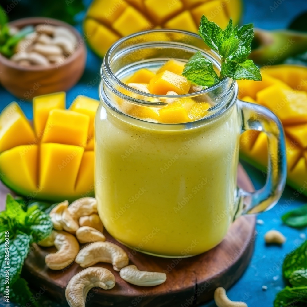 Refreshing Mango Smoothie with Cashews and Mint Garnish Refreshing Mango Smoothie with Cashews and Mint Garnish