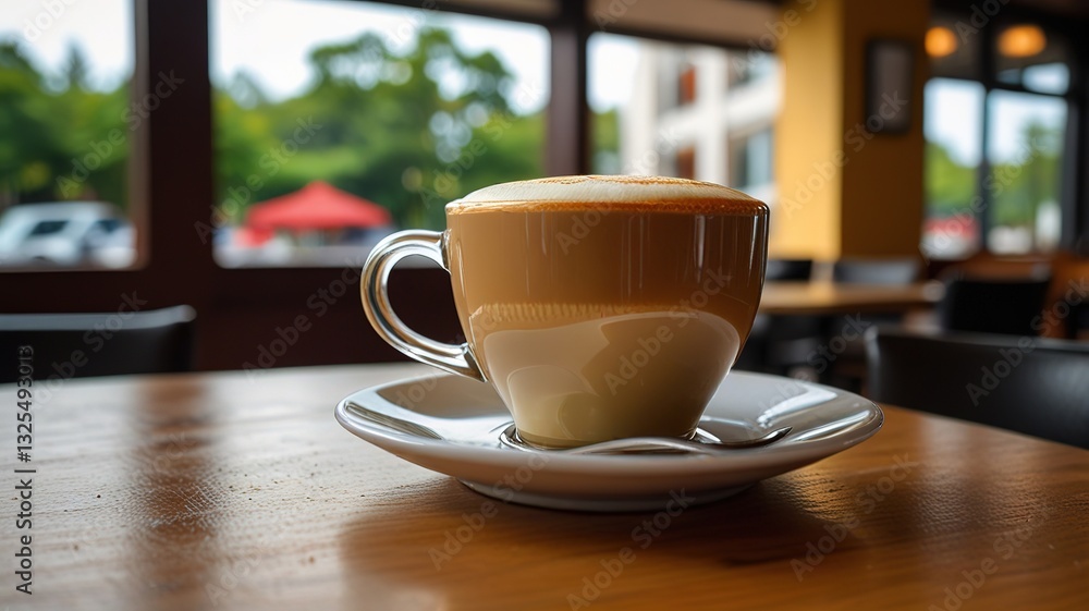 Fototapeta premium Hot latte coffee put on table in cafe restaurant drink breakfast in the morning day