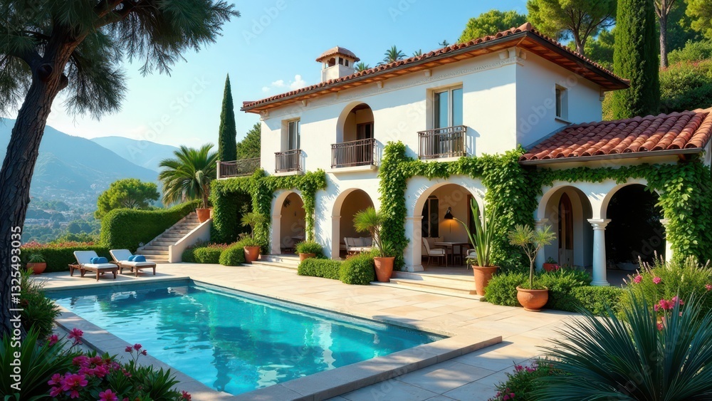 Fototapeta premium Mediterranean Villa with Pool and Mountain View, Luxurious Outdoor Oasis Featuring Archways and Lush Greenery