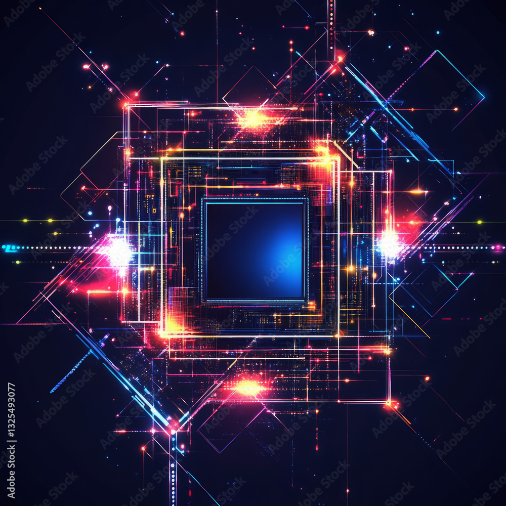 Obraz premium Glowing Multi-Layered Square Structure with Interconnected Neon Lines