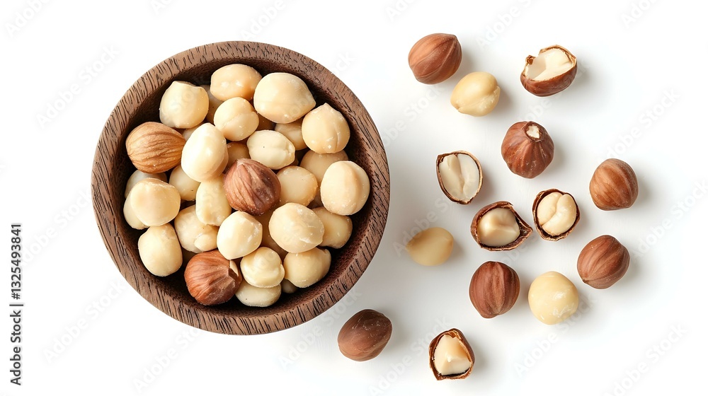 Set with tasty macadamia nuts on white Set with tasty macadamia nuts on white