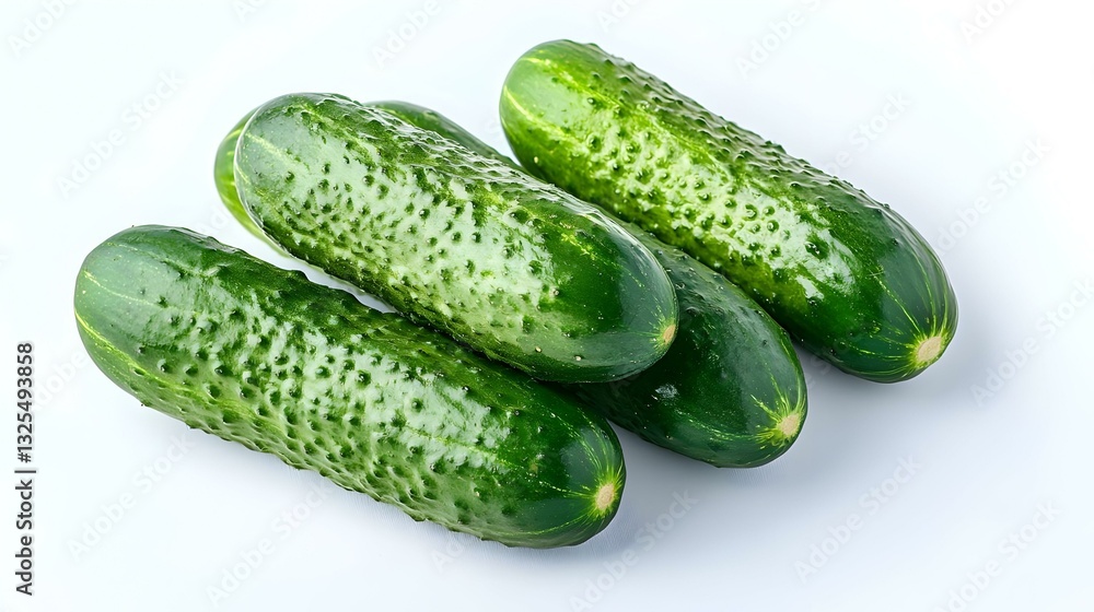 Several elongated and crisp cucumbers on a white Several elongated and crisp cucumbers on a white