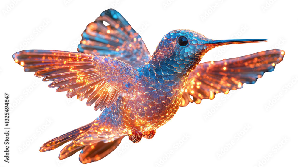 Fototapeta premium Celestial Hummingbird: A mesmerizing depiction of a hummingbird with wings outstretched, its body shimmering with a celestial blend of cosmic colors, captured with a dreamy and artistic aesthetic.