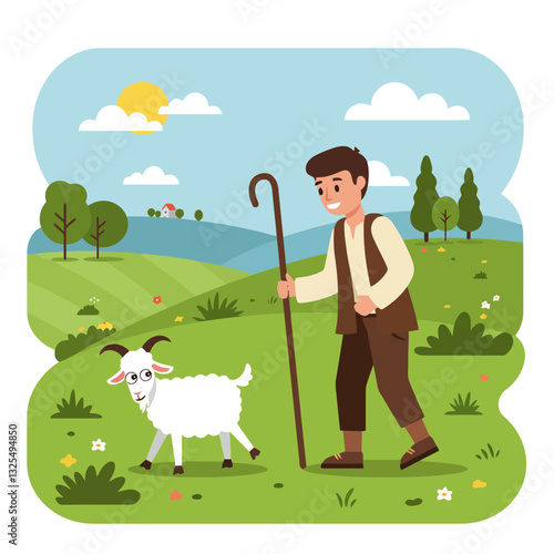 Shepherd Walking with Goat in a Green Meadow Landscape Illustration