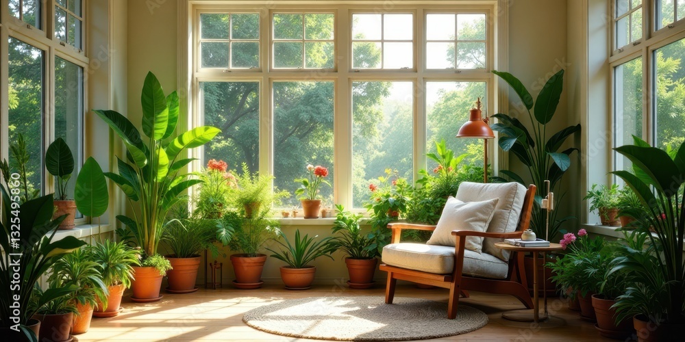Sunlit Sanctuary A Relaxing Indoor Oasis Filled with Lush Greenery and Comfortable Seating Sunlit Sanctuary A Relaxing Indoor Oasis Filled with Lush Greenery and Comfortable Seating
