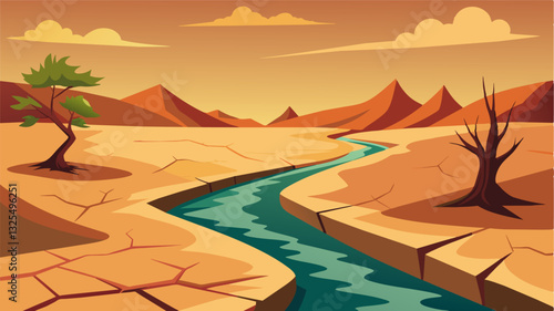 The sight of the dry and cracked riverbed was a constant reminder of the struggles faced by the community due to the severe drought.. Vector illustration