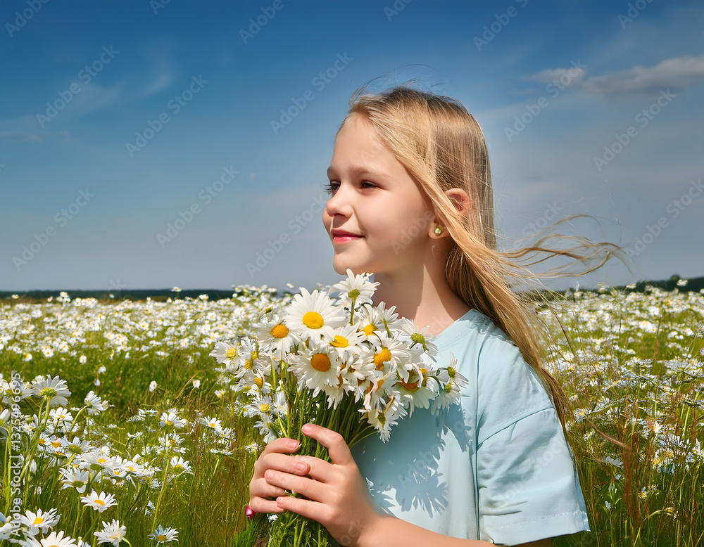 A young girl with blonde hair holds daisies in a sunlit field, gazing into the distance A young girl with blonde hair holds daisies in a sunlit field, gazing into the distance
