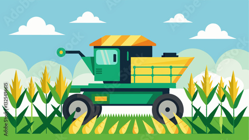 With automatic adjusting speeds and sharp blades a selfdriving combine harvester efficiently harvests fields of corn without the need for a human operator.. Vector illustration