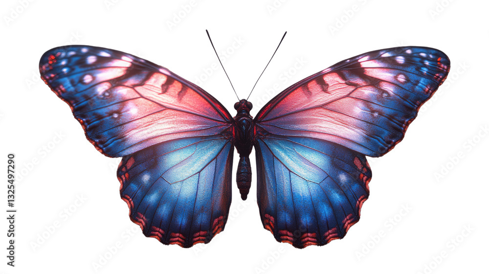 Obraz premium Butterfly Wings Display: An intricately detailed butterfly with vibrant blue and pink wings, showcasing the delicate patterns and beauty of nature, captured in a studio setting.