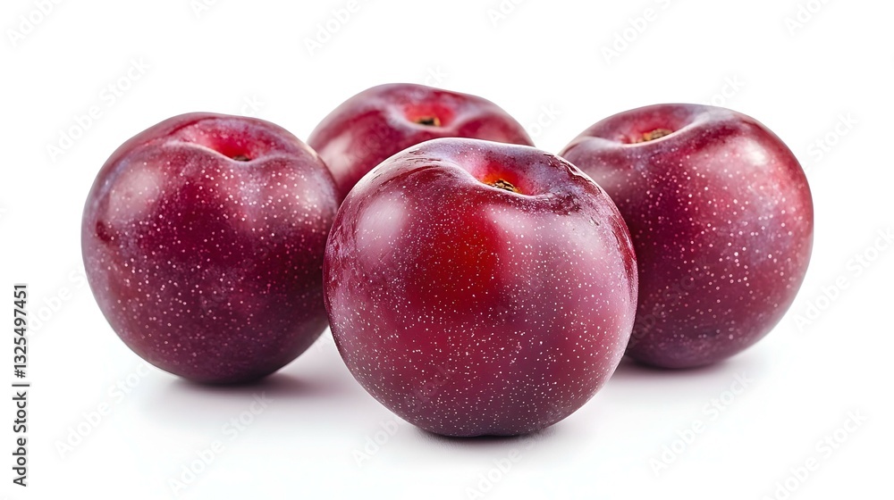Four crimson plums isolated on white background