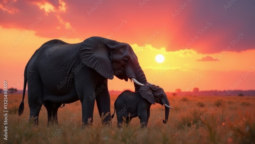 Fototapeta premium African elephants silhouetted against a vibrant sunset, a mother tenderly protecting her young calf in the golden savanna grasslands.