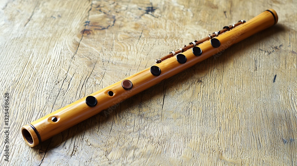 Naklejka premium Wooden Flute on Rustic Wooden Surface A High-Resolution Image of a Musical Instrument.