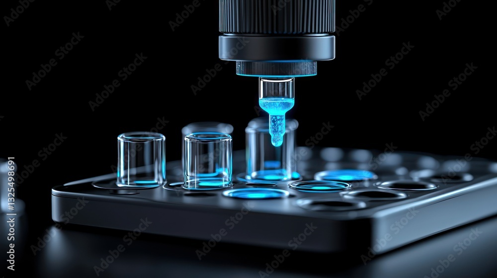 Science and Precision: A state-of-the-art robotic arm meticulously dispenses a vibrant blue liquid into a series of small vials. Science and Precision: A state-of-the-art robotic arm meticulously dispenses a vibrant blue liquid into a series of small vials.
