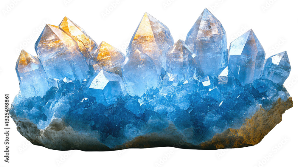 Obraz premium Crystalline Formation: This image displays a cluster of radiant blue crystals, captivating with their geometric precision and ethereal beauty. The intricate facets of the crystals reflect light.