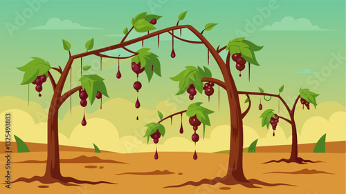 The wilting vines unable to withstand the extreme temperatures droop towards the ground their fruit shriveling and withering away.. Vector illustration