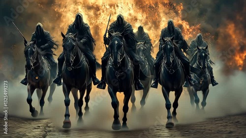 Galloping horsemen through fiery inferno in dramatic chase scene