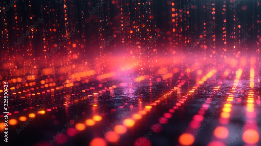 A computer generated image of a red and orange background with many small dots. Digital data stream background with glowing binary code and bokeh lights. Abstract digital technology wallpaper. A computer generated image of a red and orange background with many small dots. Digital data stream background with glowing binary code and bokeh lights. Abstract digital technology wallpaper.