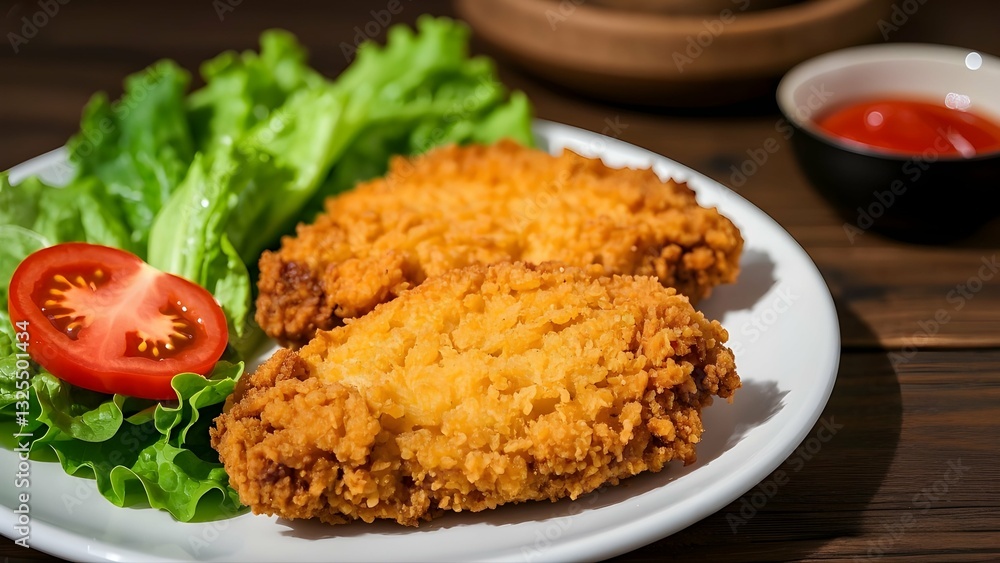 Crispy Fried Chicken with Vegetables on a Plate Crispy Fried Chicken with Vegetables on a Plate