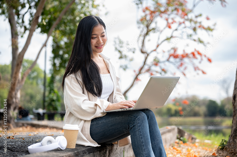 Smiling asian woman is looking the laptop on her lap, Working or study outdoor in the park or garden Smiling asian woman is looking the laptop on her lap, Working or study outdoor in the park or garden