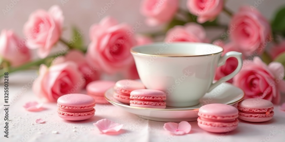 Delicate pink macarons and a teacup nestled amongst a bouquet of roses, creating a serene and elegant scene. Delicate pink macarons and a teacup nestled amongst a bouquet of roses, creating a serene and elegant scene.