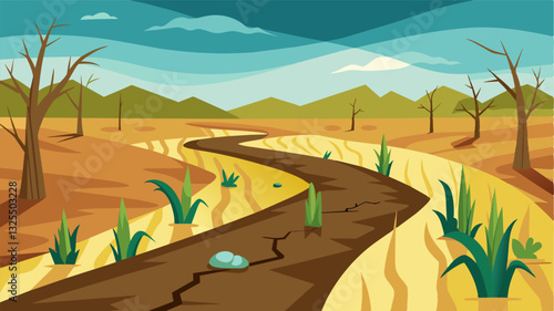 The withered remains of plants and crops lay near the driedup ditch a sad sight in contrast to the lush fields that were once nourished by its lifesustaining waters.. Vector illustration