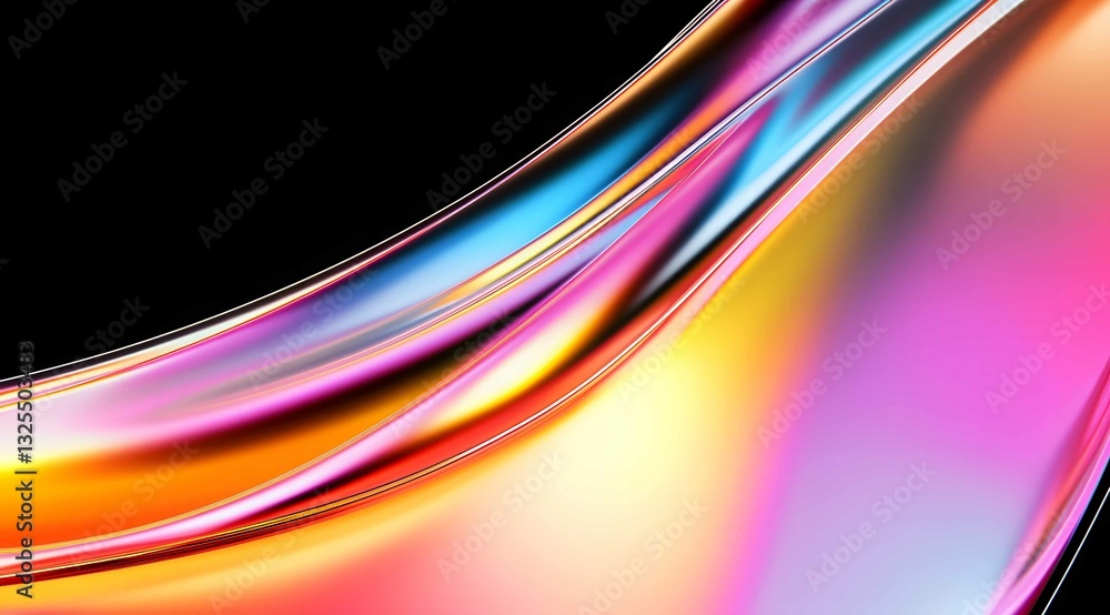 Vibrant and flowing abstract design showcasing colorful light reflections and smooth curves against a dark background Vibrant and flowing abstract design showcasing colorful light reflections and smooth curves against a dark background