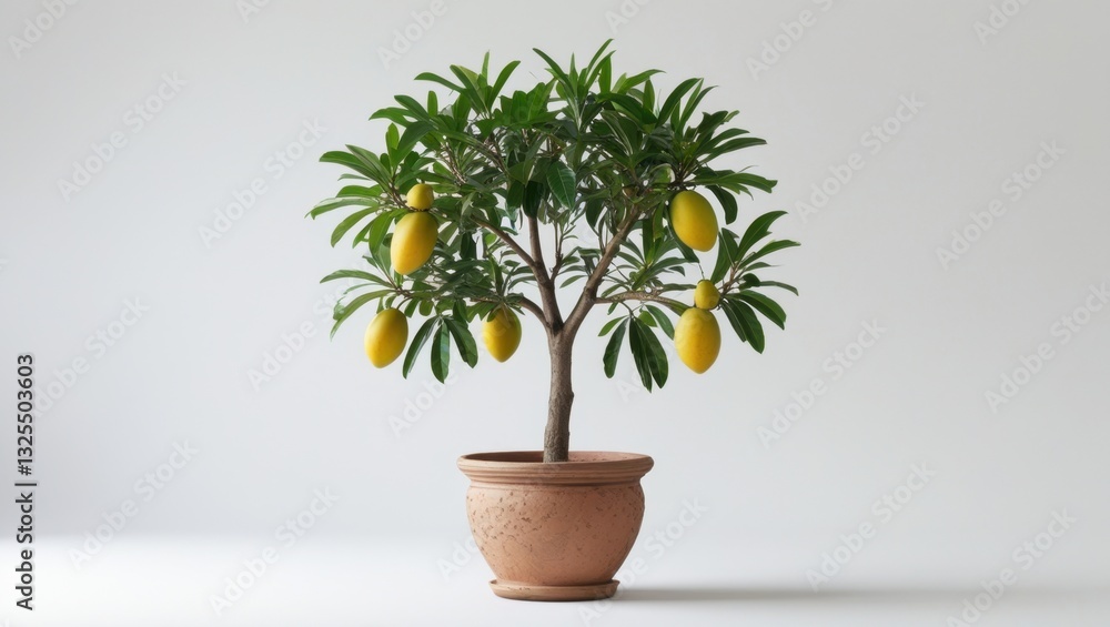 Small Potted Mango Tree with Yellow Fruit and Green Leaves on White Background Small Potted Mango Tree with Yellow Fruit and Green Leaves on White Background