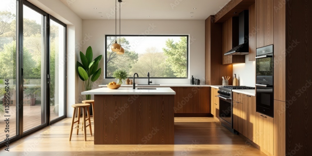 Modern kitchen design with island, hardwood floors, and expansive windows showcasing natural light and greenery Modern kitchen design with island, hardwood floors, and expansive windows showcasing natural light and greenery