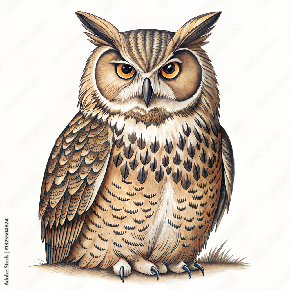 Fototapeta premium An owl is Standing on a branch, isolated on white background