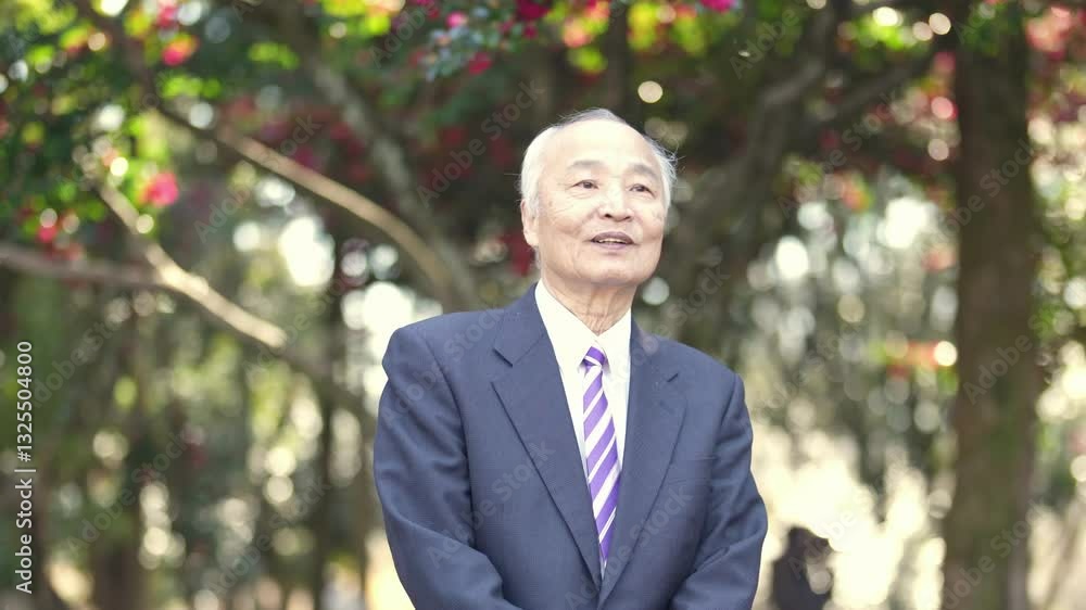 A winter park in Japan. A 78-year-old Japanese man in a suit speaks standing in front of pink sasanqua camellia flowers in a natural park filled with trees. A winter park in Japan. A 78-year-old Japanese man in a suit speaks standing in front of pink sasanqua camellia flowers in a natural park filled with trees.