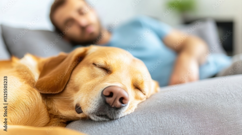 Sweet dog cuddling with its owner on a sofa in a warm and cozy living room with a tranquil and inviting atmosphere Sweet dog cuddling with its owner on a sofa in a warm and cozy living room with a tranquil and inviting atmosphere