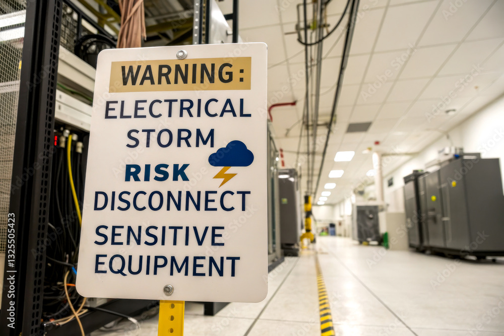 Fototapeta premium A warning sign alerts about electrical storm risks, advising disconnection of sensitive equipment in a data center.