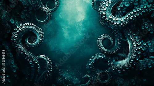 Dark Blue Underwater Scene Featuring Octopus Tentacles with Textured Details and Evocative Atmosphere