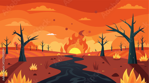 The usually tranquil field was now a stark contrast of charred crops and lifeless earth highlighting the devastating impact of the heatwave.. Vector illustration