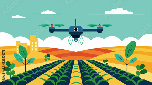 Using realtime data a smart drone maps out a farmers soybean field identifying areas of uneven growth and helping improve yield optimization.. Vector illustration