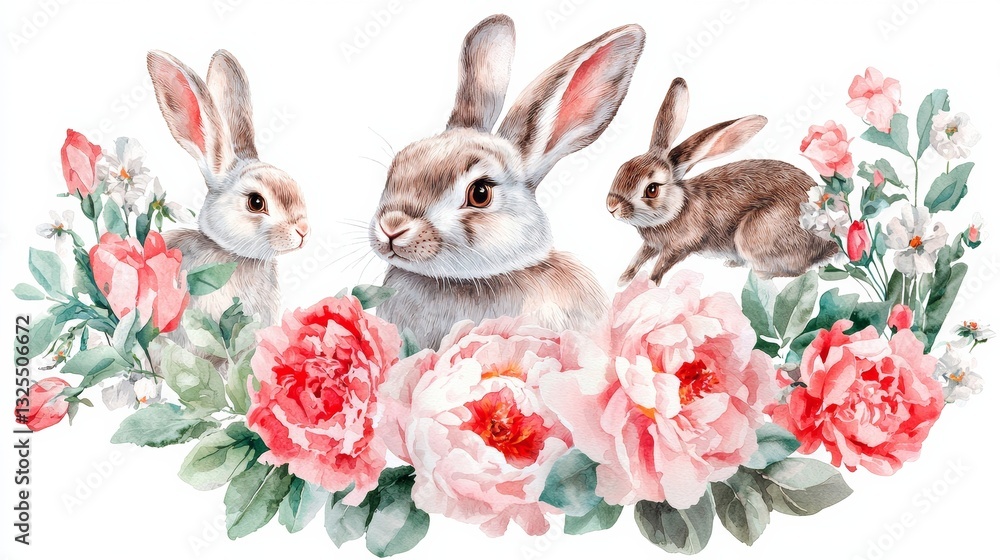Fototapeta premium Watercolor bunnies and peonies floral