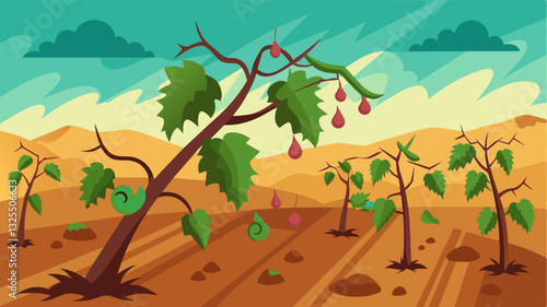 The withering vines once a source of pride and joy for the vineyard owners now serve as a painful reminder of the devastating impact of heatwaves on agriculture.. Vector illustration