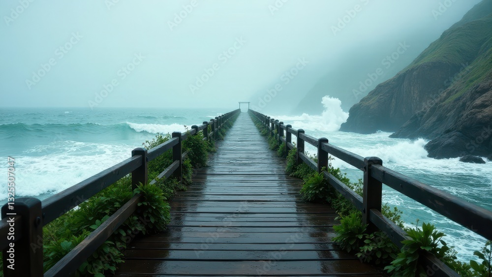 Fototapeta premium Wooden walkway extending into a tempestuous ocean, surrounded by lush vegetation and dramatic cliffs under a misty sky