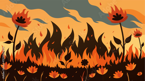What was once a picturesque field of blooming wildflowers now lay in ruins the burnt stubble a harsh reminder of the devastating power of unrelenting heat.. Vector illustration