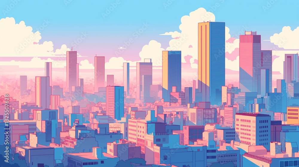 Obraz premium ノスタルジックな80年代アニメ風の未来都市｜ピンクとブルーのパステルカラーが美しい高層ビル群｜幻想的な夕焼け空が映し出す都市のシルエット｜シティポップな色彩が広がるロマンチックな街並み