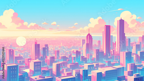 ノスタルジックな80年代アニメ風の未来都市|ピンクとブルーのパステルカラーが美しい高層ビル群|幻想的な夕焼け空が映し出す都市のシルエット|シティポップな色彩が広がるロマンチックな街並み