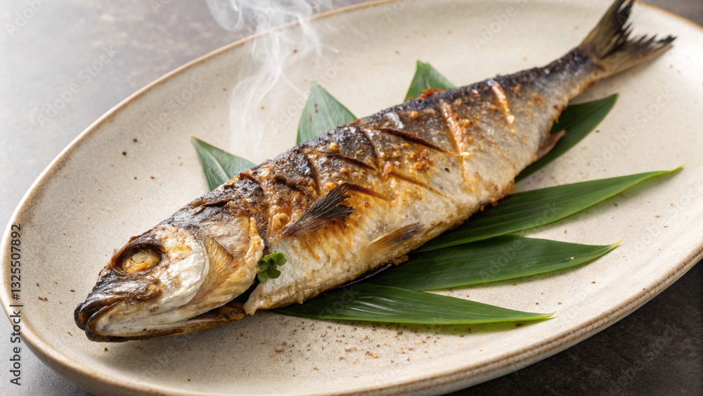 Grilled fish served on plate with green leaves, showcasing delicious meal Grilled fish served on plate with green leaves, showcasing delicious meal