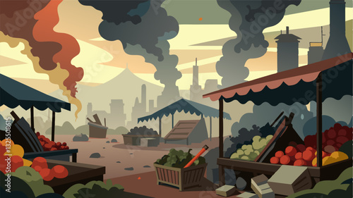 The smell of smoke and rotting food permeated the market a haunting reminder of the destruction and suffering brought upon by war.. Vector illustration